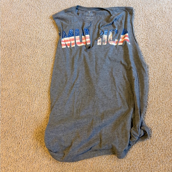 American Eagle Outfitters Tops - American Eagle Outfitters Gray Tank Top with USA Flag “‘Murica” America Design